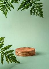 Wooden podium to show cosmetic products with fern leafs on green background. Modern still life.