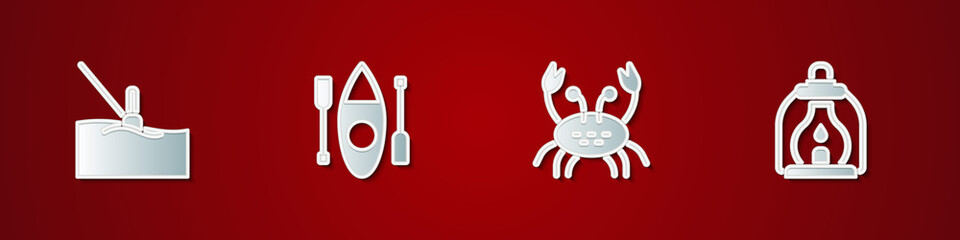 Set Fishing float in water, Kayak or canoe, Crab and Camping lantern icon. Vector