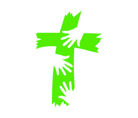 Cross logo of unity with hand prints silhouette over christian symbol