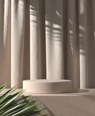 Modern Minimal Product Stand Display With Sunshade Palm Leaf Shadow On Brown Curtain Abstract Background 3d Render