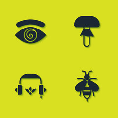 Set Hypnosis, Bee, Headphones for meditation and Mushroom icon. Vector