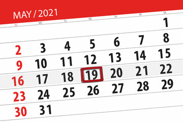 Calendar planner for the month may 2021, deadline day, 19, wednesday
