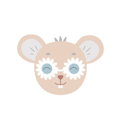 Cute funny mouse face with flower-shaped glasses.The head of a fictional animal character in a summer image. Colorful vector illustration isolated on a white background for kids designs and prints