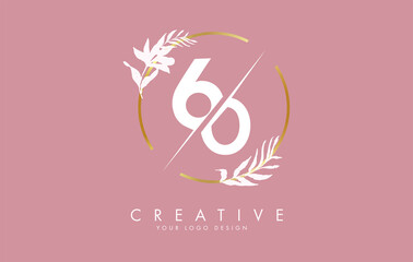 Number 60 6 0 logo design with golden circle and white leaves on branches around.