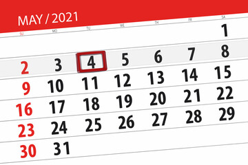 Obraz premium Calendar planner for the month may 2021, deadline day, 4, tuesday