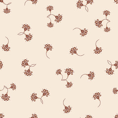 Simple vector floral seamless pattern. Abstract background with small scattered hand drawn flowers. Liberty style wallpapers. Vintage ditsy texture. Brown and beige color. Repeat minimal design