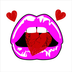 vector illustration of sensual lips testing a red heart. Design for valentines t-shirts, stickers or posters.