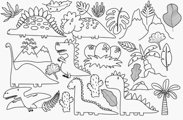 Cute dinosaurs and tropic plants. Funny cartoon dino collection. Hand drawn vector doodle set for kids.