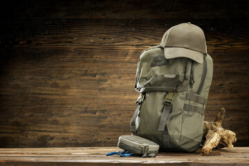 Brown backpack on desk and free space for your decoration 