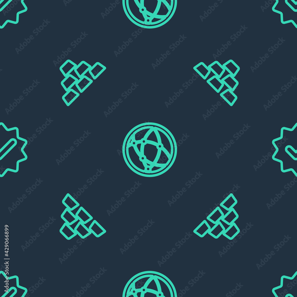 Poster set line social network, gold bars and approved and check mark on seamless pattern. vector