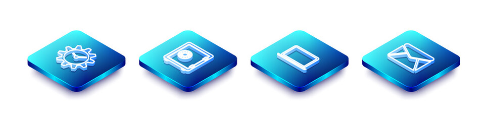 Set Isometric line Time Management, Safe, Laptop and Envelope icon. Vector