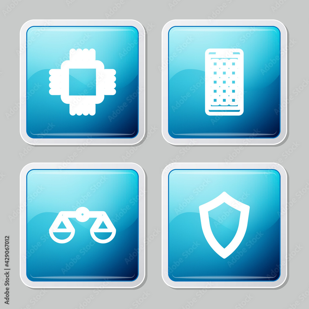 Poster set line processor with cpu, mobile apps, scales of justice and shield icon. vector