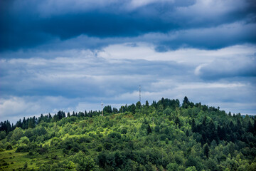 Fototapeta na wymiar a landscape of the spruce forest at carpathian mountains, national park Skolivski beskidy, Lviv region of Western Ukraine
