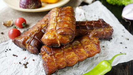 Black caviar. Fish delicacy. Balyk. Sturgeon meat.