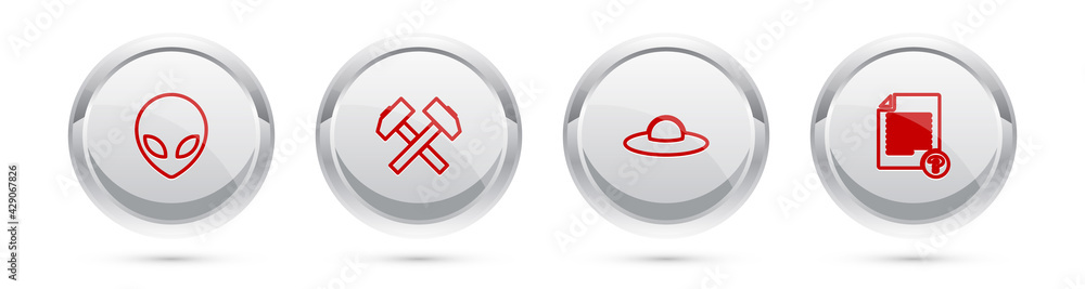 Aufkleber set line alien, two crossed hammers, ufo flying spaceship and unknown document. silver circle button