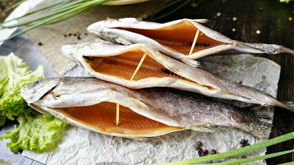 Black caviar. Fish delicacy. Balyk. Sturgeon meat.