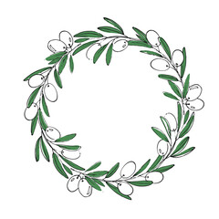 Vector wreath with olives and green leaves.