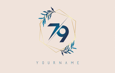 Number 79 7 9 logo with golden polygon frames and gradient blue leaves design.