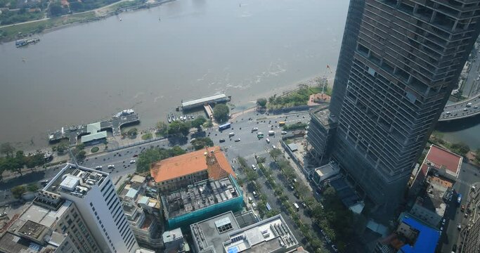 A high angle view of panoramic cityscape at the river wide shot. Ho Chi Minh Vietnam