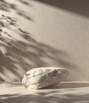 Minimal Display Rock Stone For Show Product With Sunlight Tree Shadow On Cement Wall Abstract Background 3d Render