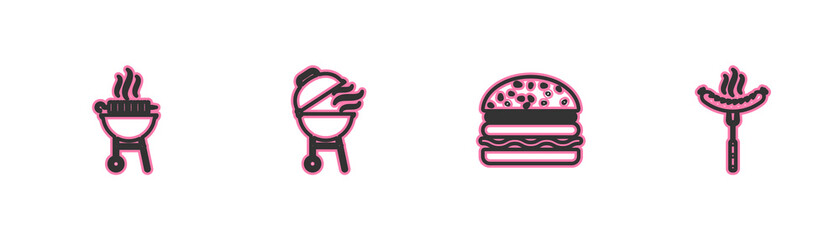 Set line Barbecue grilled shish kebab, Burger, and Sausage on the fork icon. Vector