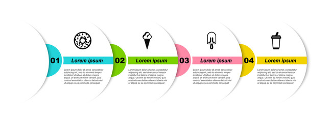 Set line Donut, Ice cream in waffle cone, and Glass with water. Business infographic template. Vector