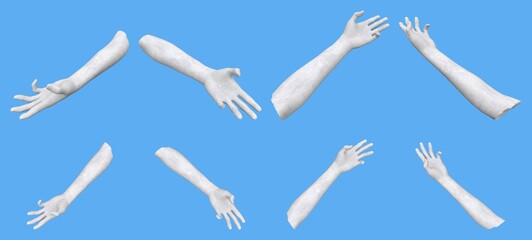Set of grey concrete statue hand renders isolated on blue, lights and shadows distribution example for artists or painters - 3d illustration of object