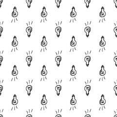 Vector seamless pattern with hand drawn light bulb on white background. Doodle black sloppy illustration