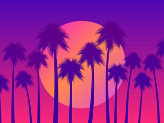 Tropical sunset with palms and gradient sun in 80s style. Design for advertising brochures, banners, posters, travel agencies. Vector illustration - obrazy, fototapety, plakaty
