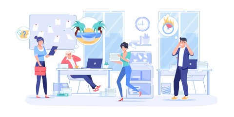 Vector cartoon flat employee characters at work,various emotions behavior.Employees office workers in hurry,panic,thinks of finances,dreams of vacation-deadline,workflow web site banner concept