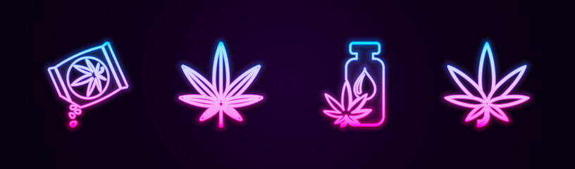 Fototapeta na wymiar Set line Marijuana or cannabis seeds, leaf, oil and . Glowing neon icon. Vector