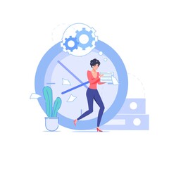 Vector cartoon flat office worker character at work,big clock background.Good employee in hurry,tries to meet deadline-productivity,work stress situation,time management web site banner concept