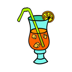 Hand drawn sketch alcoholic cocktail with a slice of orange and ice in the glace. Vector illustration for cocktails menu. 