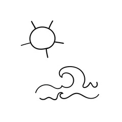 sun and ocean waves doodle sketch drawing icon summer themed, vector illustration