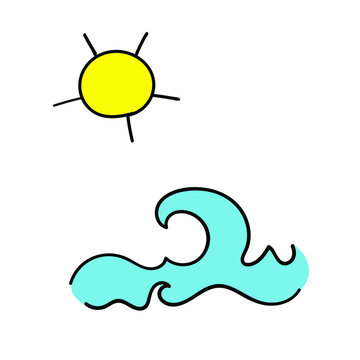 sun and ocean waves doodle sketch drawing icon summer themed, vector illustration