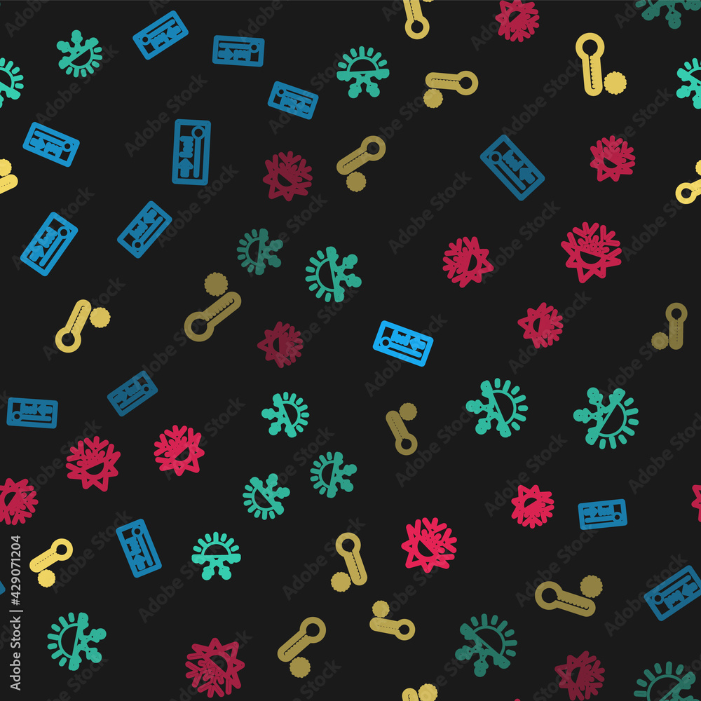Poster set line meteorology thermometer, sun and snowflake, and on seamless pattern. vector