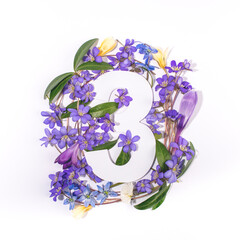Layout with spring flowers and number three. Anniversary concept.