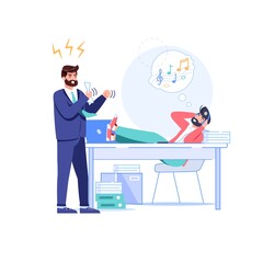 Vector cartoon flat boss manager,office worker characters at work conflict scene.Angry boss shout at bad employee,who listen to music-procrastination,work productivity web site banner concept