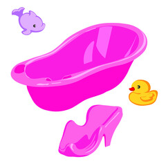 Baby care icons set, with bathtub, safe seat, bath toys, dolphin and bath duck. vector illustration in cartoon style isolated on white background