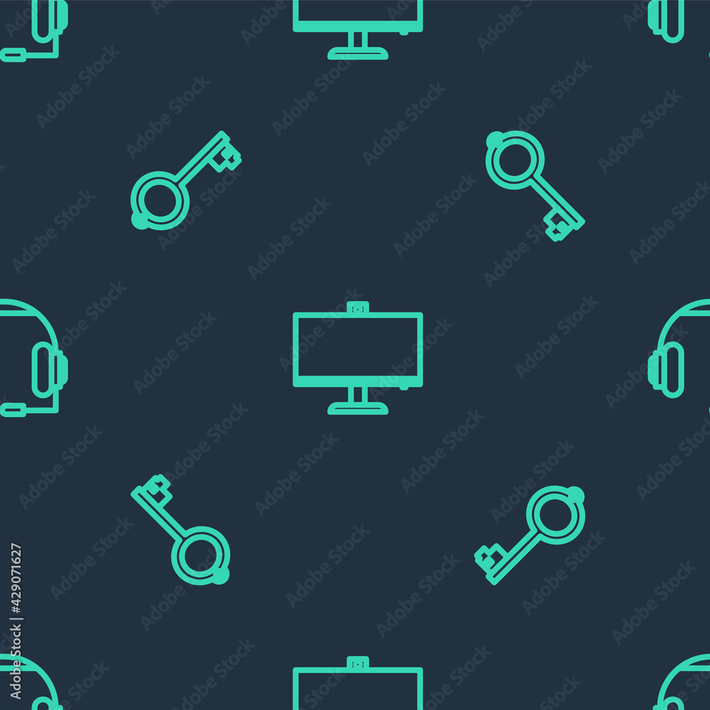 Aufkleber set line computer monitor, ancient key for game and headphones on seamless pattern. vector