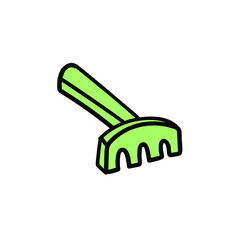 Childrens rake for playing in the sandbox. Vector doodle illustration on a white background. 