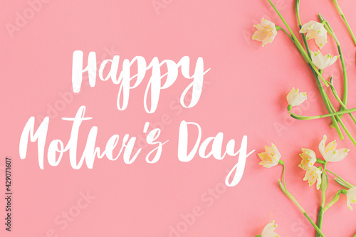 Happy mother's day. Happy mother's day text and spring flowers border flat lay on pink paper. Stylish floral greeting card. Handwritten lettering on white spring snowflakes on pink. Mothers day