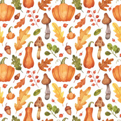 Seamless autumn pattern hand drawn in watercolor with pumpkin, oak leaf, mushroom, red currant, acorn. Very colorful with watercolor effects.
