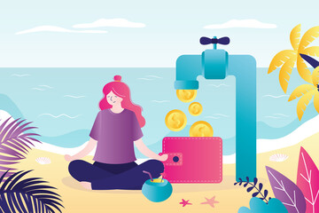 Female character resting on vacation while money dripping. Gold coins pouring from tap into wallet