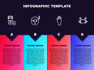 Set line Can container for milk, High human body temperature, Hand with psoriasis eczema and Crab. Business infographic template. Vector