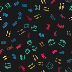 Set line Car tire, battery, Windscreen wiper and Shock absorber on seamless pattern. Vector