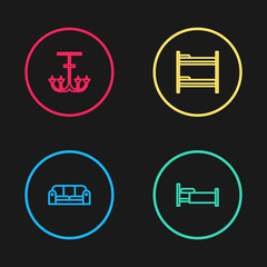 Fototapeta premium Set line Sofa, Bed, Bunk bed and Chandelier icon. Vector