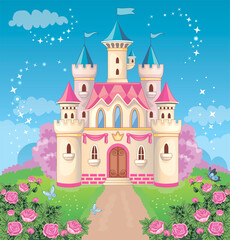 Fairy tale castle for Princess, magic kingdom. Vintage tower on a fabulous background. A toy palace for a girl. Flower meadow. Wonderland. Children's cartoon illustration. Romantic story. Vector.