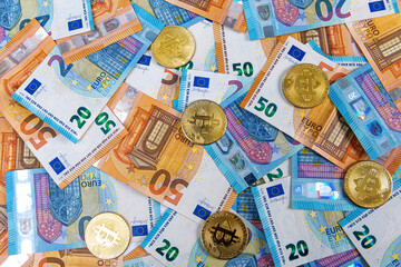 Bitcoin coins on euro banknotes. Stock Market of cryptocurrencies and decentralized finances concept