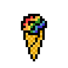 2d 8 bit pixel art rainbow ice cream cone icon isolated on white background. Summer dessert. LGBT symbol. Vintage retro 80s, 90s computer, video game graphics. Slot machine design element.